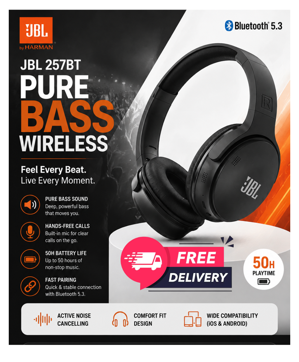 JBL 257BT Pure Bass Wireless Headphones