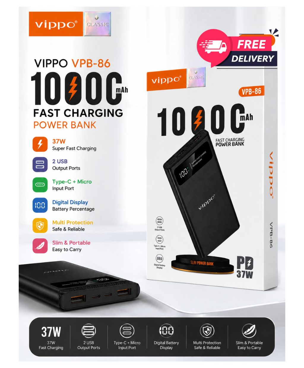 VIPPO VPB-86 10000mAh 37W Fast Charging Power Bank